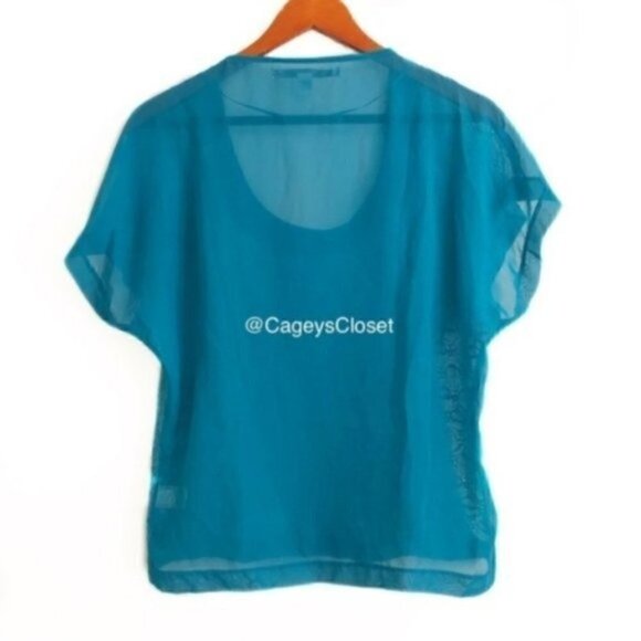Lauren Conrad Blouse XS Aqua Lace Sheer Dolman - Picture 7 of 9